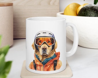 Retro Skiing Golden Retriever Mug | Vintage Snow Dog Lover Gift | 11oz Ceramic Ski Resort Coffee Cup | Ramble & Bo