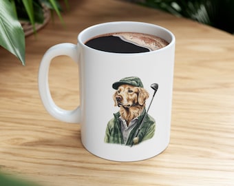 Retro Golfing Golden Retriever Mug | Sporty Dog Lover Gift | 11oz Ceramic Golf Coffee Cup | Ramble & Bo