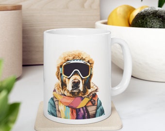 Golden Retriever Snowboarder Mug | Snowy Mountain Dog Lover Gift | 11oz Ceramic Snowboarding Coffee Cup | Ramble & Bo