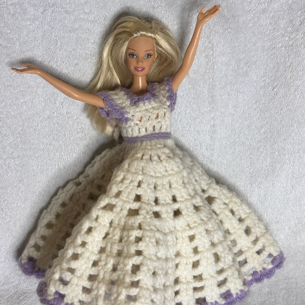 Crochet Barbie Doll Dress - White with Lilac trim