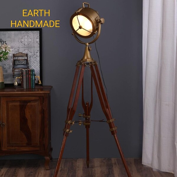 Vintage Metal and Wooden Tripod Spotlight Floor Lamp for Living Room Bedroom Room Hotel Restaurant ( colour:walnut and gold ,71D×71W×180 CM