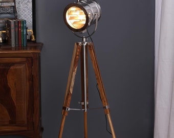 Lampada da terra vintage con treppiede faretto per soggiorno, camera da letto, casa, ufficio, riprese di bobine, cinema (argento e beige)