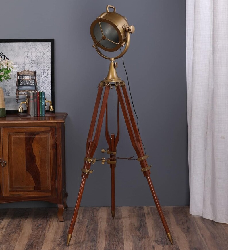 Vintage Metal and Wooden Tripod Spotlight Floor Lamp for Living Room Bedroom Room Hotel Restaurant colour:walnut and gold ,71D71W180 CM zdjęcie 2