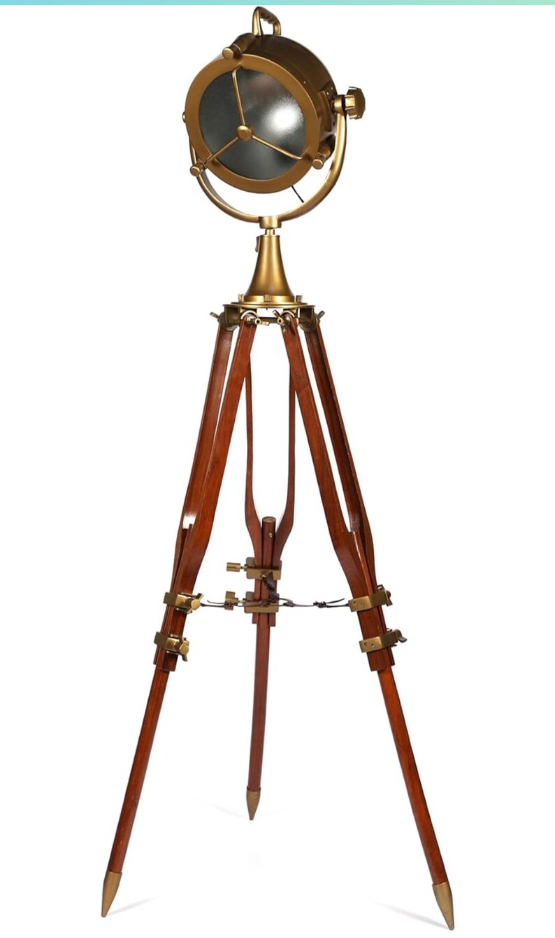 Vintage Metal and Wooden Tripod Spotlight Floor Lamp for Living Room Bedroom Room Hotel Restaurant colour:walnut and gold ,71D71W180 CM zdjęcie 4