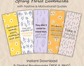 Spring Floral Printable Bookmark Set, 5 Motivational and Positive Quotes, Flowers Bookmarks, PNG and PDF Print & Cut, Instant Download