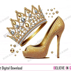 Zapatos y cartera  Brillantes, Imagen Imprimible ,JPG PNG, Sublimacion, Cumpleanos, Quinceanera, Tacones Brillantes, Zapato Dorado, Oro