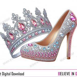 Strasskrone und Heels Bild, bedruckbar, JPG PNG, Sublimation, Geburtstag, Sweet 16, Quinceanera, Imagen Corona y Zapatos de Brillo, DIY
