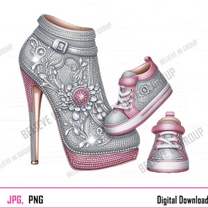 Zapatos y aspargatas brillantes para madre y hija , Imagen Imprimible ,JPG PNG, Sublimacion,  Tacones Brillantes, tenis, rosado y plateado