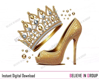 May include: A gold crown featuring clear and amber-colored crystals alongside a gold high-heeled pump covered in small gold studs. The text BELIEVE IN GROUP is repeated across the image. The design includes scattered gold and clear crystal accents.