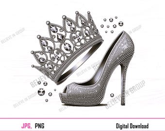 Afbeelding met zilveren strass hakken en kroon: verjaardag, quinceanera (digitale download jpg, png .)