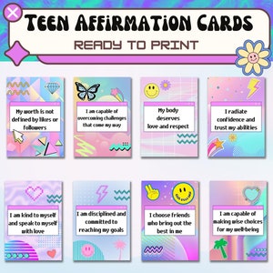 90er Jahre Y2K Thema 24 Affirmationskarten für Tweens/Teens - Set 24 | Teenager Mädchen Geschenkidee | Psychische Gesundheit von Teenagern | Motivierende Karten Teenager