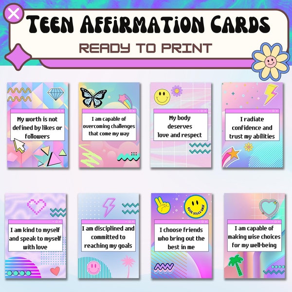 Affirmation Cards for Tweens/Teens, 90's Y2K Theme Affirmation Cards, Teen Wall Collage Kit, Printable Affirmation Cards for Teens/Tweens