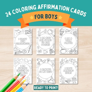 24 cartes à colorier imprimables pour garçons | Téléchargement numérique | Activité sur la santé mentale pour l'estime de soi pour les enfants | Pleine conscience pour les garçons