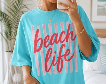 Beach Life Shirt, Coral Pink Coastal Tee, Summer Vacation Comfort Colors T-Shirt