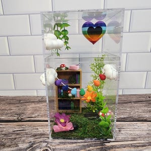 Può includere: Una teca trasparente in acrilico con una scena in miniatura all'interno. La scena comprende un cuore arcobaleno, una piccola libreria con libri, fiori, nuvole e una ghirlanda di forme colorate. Lo sfondo è una parete di piastrelle bianche.