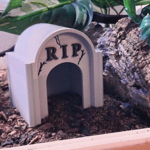 May include: A white, arched, plastic reptile hide shaped like a tombstone with the word "RIP" on the front.