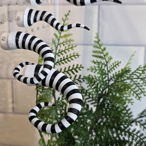 May include: Three curved, tapered objects featuring a black and white striped pattern. Each piece has a white circular base and a pointed tip, with the largest object displaying a distinct spiral shape, while the others are gently curved.