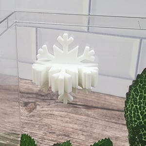 May include: White plastic snowflake ornament hanging inside a clear glass terrarium. The snowflake is 3D and has a detailed design.