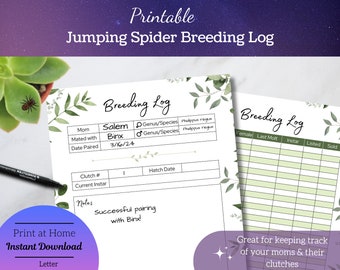 Jumping spider breeding journal, spider mom and clutch page, printable spider tracker, pet breeding documentation, INSTANT DOWNLOAD