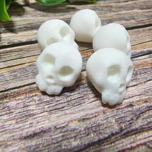 May include: A collection of five small, white skull figurines. The skulls have detailed facial features and are arranged on a wooden surface. The skulls are a solid white color and appear to be 3D-printed.