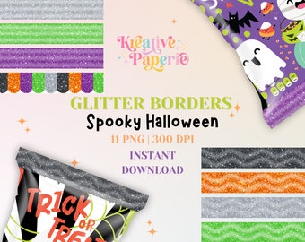 Bordes de purpurina de Halloween PNG / Archivo digital para bolsas de papas fritas, bolsas de dulces / Descarga instantánea / Diseño de obsequios de fiesta / Clipart de Halloween