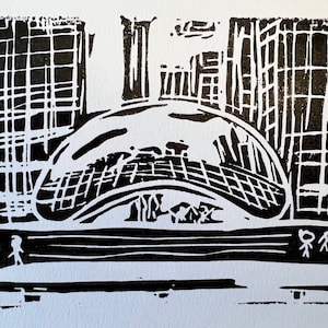 Chicago Bean Linocut Print: Cloud Gate Black & White Wall Art