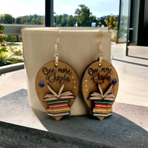 Hand painted, laser cut and engraved, maple wood earrings One More Chapter, Books, Book Club, Book Worm