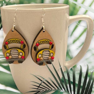 Hand painted, laser cut and engraved, maple wood earrings Teacher Appreciation, School Bus