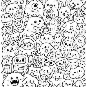 May include: A black and white colouring page featuring a dense collection of kawaii-style doodles including monsters, animals, food items like pizza and boba tea, a cactus, a planet, and a small speech bubble with the text hi among various shapes.