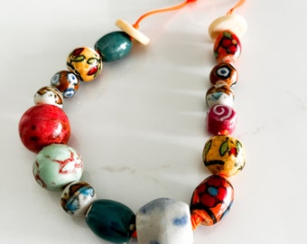 Unique Handmade Ceramic Necklace - Multicolor Chunky Beaded Jewelry, Adjustable Ethnic Porcelain Design, Authentic Gift for Her