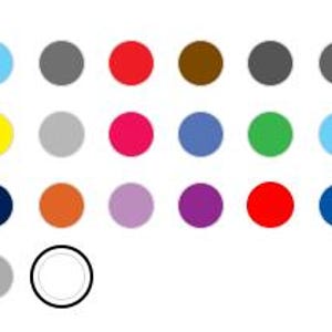 May include: A collection of thirty-four circular color swatches arranged in four rows. The palette includes various shades of red, blue, green, yellow, orange, purple, pink, brown, gray, black, and white, with one white circle outlined in black.