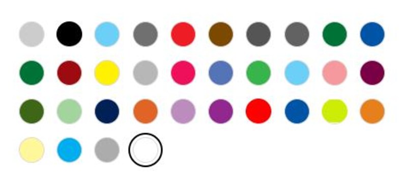 May include: A collection of thirty-four circular color swatches arranged in four rows. The palette includes various shades of red, blue, green, yellow, orange, purple, pink, brown, gray, black, and white, with one white circle outlined in black.