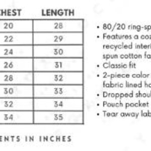 May include: A size chart for a garment featuring a table with columns for size, chest, and length measurements in inches from S to 5XL. The text lists features including 80/20 ring-spun cotton/polyester, a brushed interior, classic fit, and a pouch pocket.
