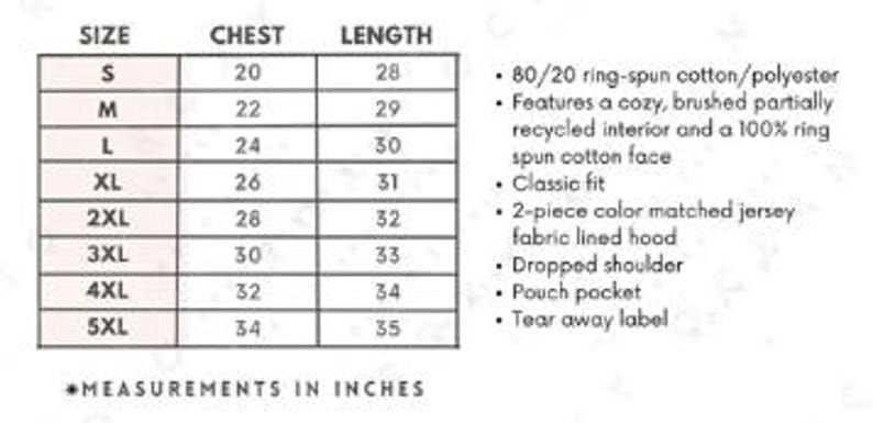 May include: A size chart for a garment featuring a table with columns for size, chest, and length measurements in inches from S to 5XL. The text lists features including 80/20 ring-spun cotton/polyester, a brushed interior, classic fit, and a pouch pocket.