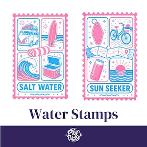 Retro Beach Stamp SVG Bundle | 30 Summer Postage Stamp Designs | Coastal Riso Clipart for T-Shirt, Mug & Poster | Commercial Use PNG
