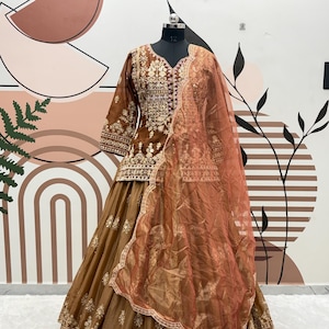 Embroidered Star Georgette Lehenga Set: Brown Wedding Outfit