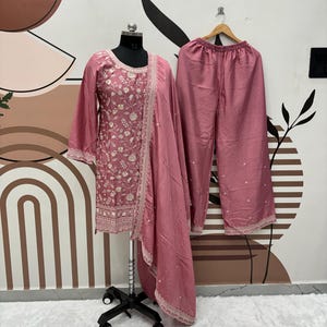 Conjunto de traje Kurti Punjabi Plazzo rosa premium con borde de encaje grueso en dupatta, Salwar Kameez para boda o fiesta, confeccionado para mujeres de EE. UU.