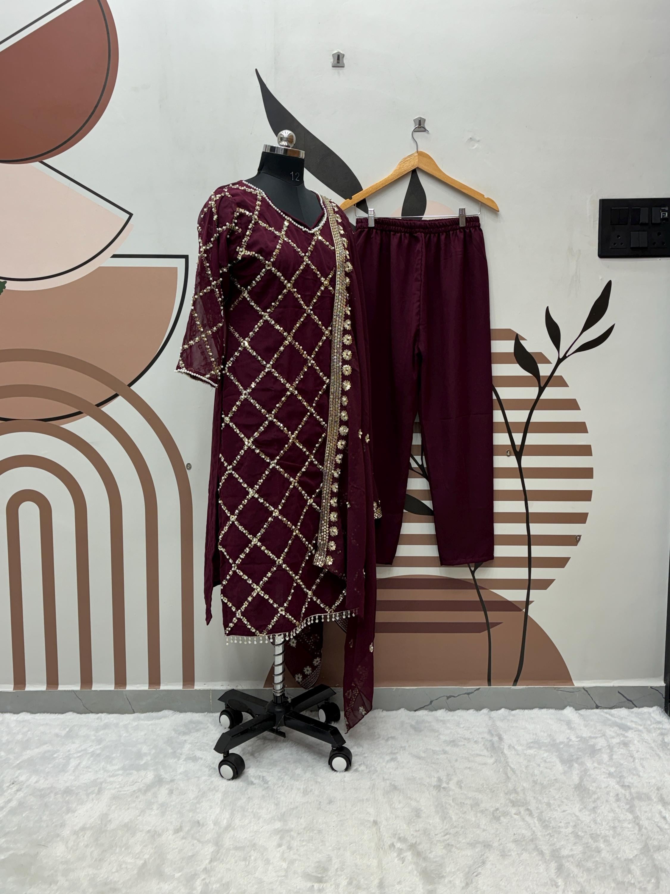 Wine Salwar Kameez: Embroidered Georgette 3-piece Ethnic Suit