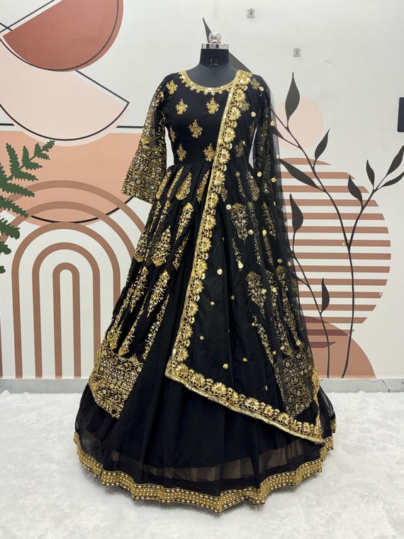 Pakistani Black Georgette Top Lehenga Choli With Embroidery Sequence Work & Georgette Dupatta For Women, Wedding Top Lehenga, Ethnic Outfit