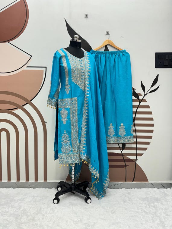 Embroidered Sky Blue Pakistani Suit: Chinnon Silk Salwar Kameez
