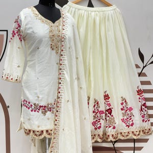 Designer White Pure Chinnon Silk Salwar Kameez With Heavy Embroidery ...