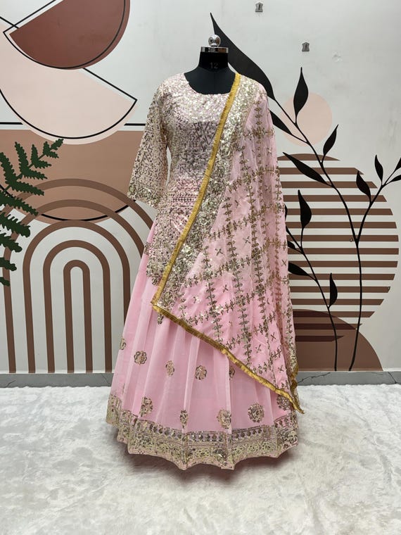 Pakistani Georgette Dark Pink Top Lehenga Choli With Embroidery Sequence Work & Georgette Dupatta For Women, Wedding Top Lehenga For Womens