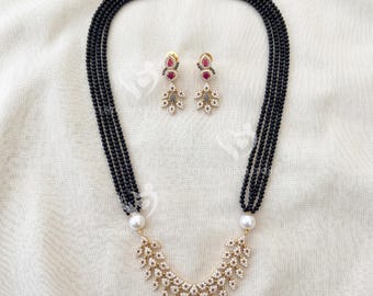 Conjunto de collar de cuentas negras con colgante de circonita cúbica, elegante collar de perlas con pendientes, joyería india para fiestas, regalo nupcial impactante para ella.
