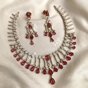 Ruby Red Statement Necklace Set, Crystal Bridal Jewelry, Red Teardrop Necklace with Earrings, Wedding Jewelry Set