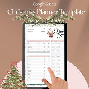 May include: A digital Christmas Planner Template on a tablet, with the text "Google Sheets" and "Christmas Planner Template". The screen displays a budget and gift list, with a Santa Claus graphic. A watercolor Christmas tree and greenery frame the image.