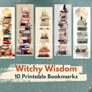 May include: Set of 10 printable bookmarks with a witchy theme. Each bookmark features a stack of books with decorative elements like candles, moons, and floral accents. The text "Witchy Wisdom" and "10 Printable Bookmarks" are displayed in the image.