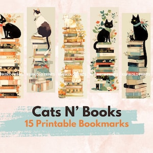 Cats and books, Cute Illustrations, Bookmarks, Printable Bookmarks, PNG and PDF, Downloadable, Bookmark Bundle