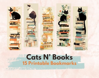 Cats and books, Cute Illustrations, Bookmarks, Printable Bookmarks, PNG and PDF, Downloadable, Bookmark Bundle