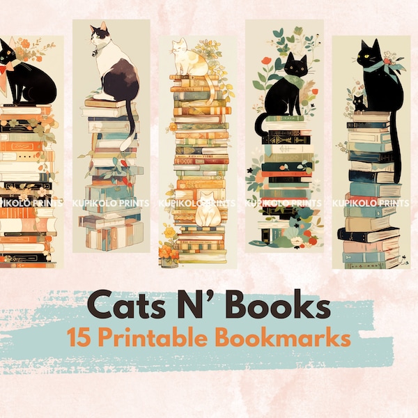 Cats and books, Cute Illustrations, Bookmarks, Printable Bookmarks, PNG and PDF, Downloadable, Bookmark Bundle