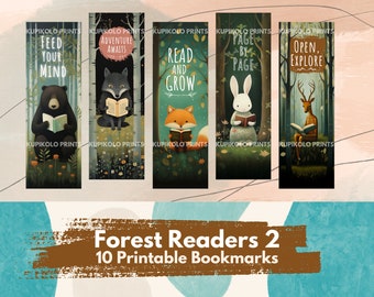 Forest Readers 2, zakładki, przytulne, urocze ilustracje, zakładki do druku, PNG i PDF, do pobrania, pakiet zakładek